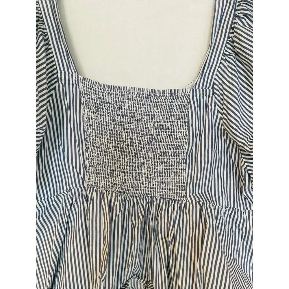 Old Navy Coastal Puff Sleeve Peplum Top XXL Cotton Striped Blue White Smocked